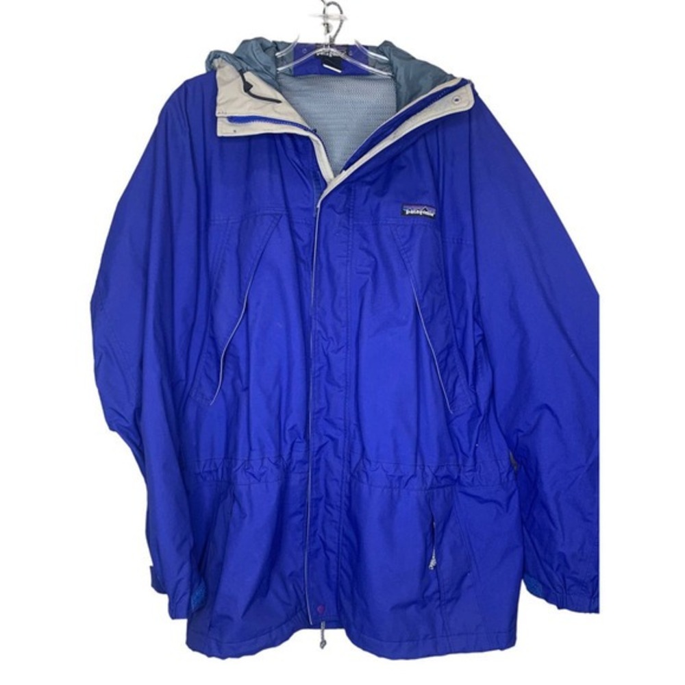 Patagonia Vintage Mountain Parka Jacket Mens Small Cobalt Blue Hooded Rain Shell